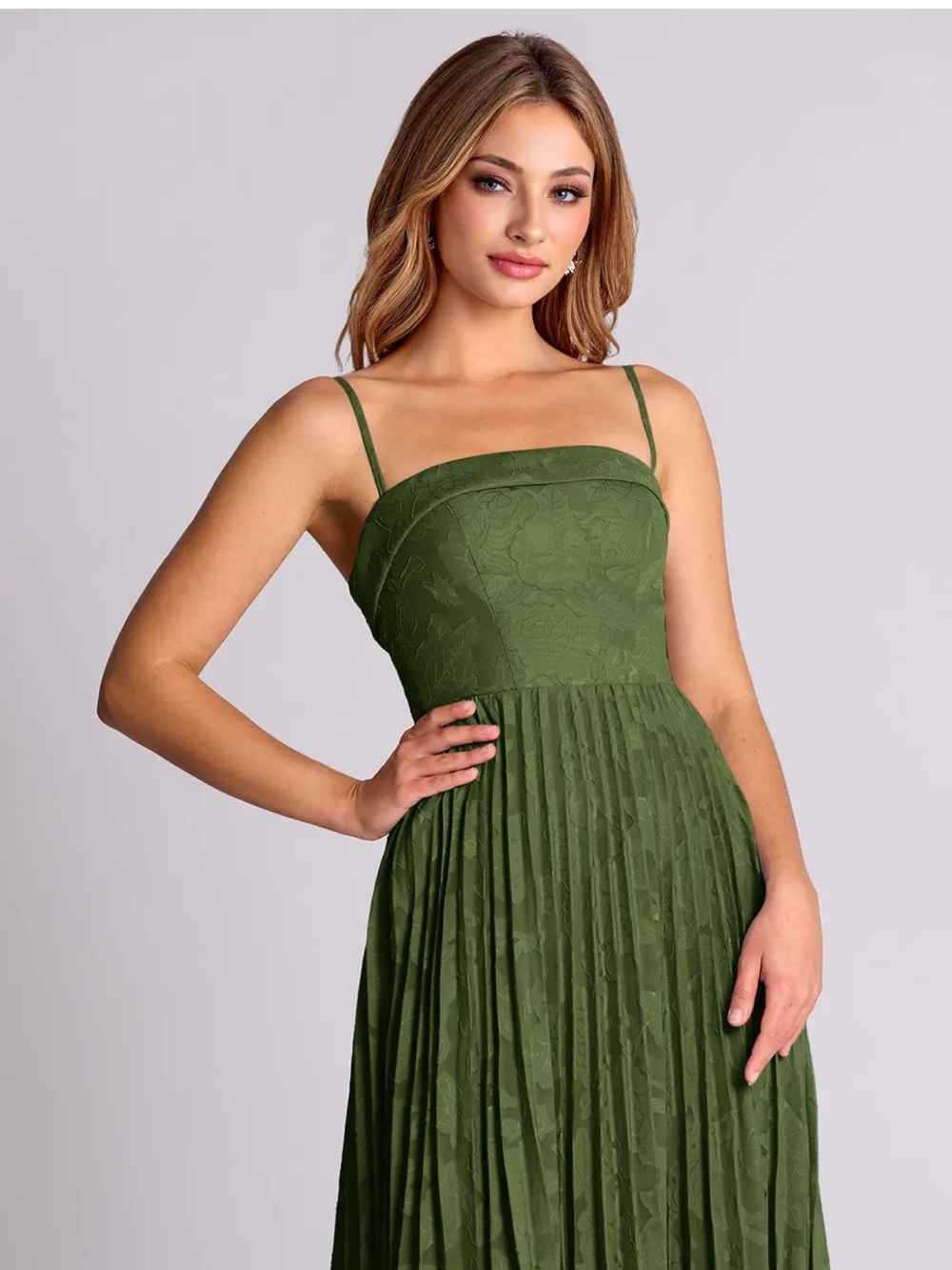 NWT Azazie Mariana - Olive Burnout Strapless Pleated Gown